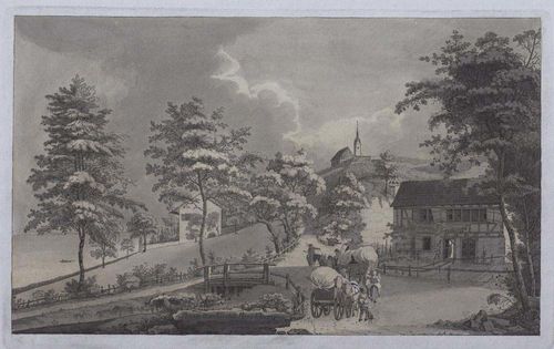 HERRLIBERG.-Johann Jakob Aschmann (1747-1809). Prosp. der Kirche Herrliberg am Zürichsee n.d.N. No.9 J. Aschman fec. Etching with brown grey wash. 18.1 x 29.4 cm. - Very attractive sheet with full margin. Almost untouched condition. - From the collection of Hans Jakob Zwicky, Thalwil.