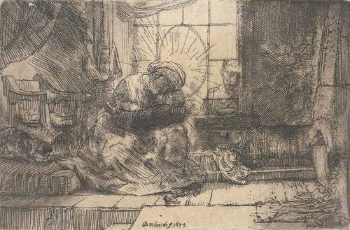 REMBRANDT, HARMENSZ VAN RIJN (Leiden 1606 - 1669 Amsterdam).The Holy Family with a cat. Etching on wove paper without watermark. 9.5 x 14.4 cm. Bartsch 63, White/Boon (Holstein) 63 II (of II), Nowell-Usticke 63 II (of IV). Framed. - Strong impression with narrow border (ca. 2 mm) around the plate. Minor browning in parts. Very good condition.