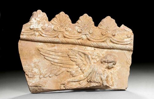 CAMPANA RELIEF,Roman, 1st century AD. Orange coloured fired clay with remains of old paint. With depiction of Nike, with palmette frieze with garlands and double scrolls. H 20 cm, W 30 cm. Provenance: - Galerie Arete, Zürich. - from a French private collection, acquired in 1973.