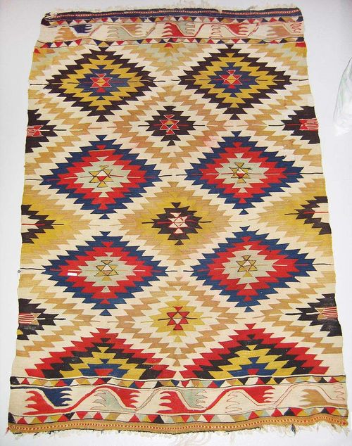 ANATOLIAN KILIM old.Central field divided into serrated lozenges, signs of wear, 170x120 cm.