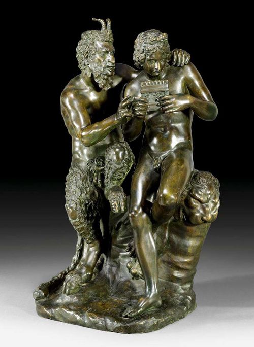 BRONZE GROUP OF PAN AND DAPHNIS,Renaissance style, after the antique, Italy 19th century Signed FONDERIA SOMMER. H 62 cm. Provenance: from an English collection.