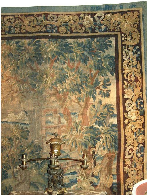 VERDURE TAPESTRY, early Baroque, France 17./18th century Depicting ruins in an idealised landscape. Requires restoration. H 244 cm, W 210 cm.