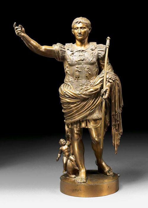 BOSCHETTI, B. (Benedetto Boschetti, active 1820/70), Rome, 19th century Burnished bronze figure of Augustus. Stamped B. BOSCHETTI ROMA. H 34 cm.