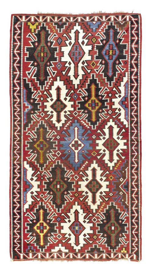 KARABAGH KILIM antique. Red ground with eagle motifs in harmonious colours, black border, good condition, 340x180 cm.