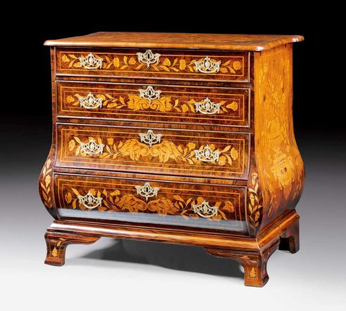 CHEST OF DRAWERS WITH MARQUETRY OF FLOWERS AND BIRDS,late Baroque, Holland, 18./19th century In mahogany, walnut and various fruitwoods. The prism-shaped chest on shaped feet and with 4 drawers. Gilt bronze mounts. 87x50x82 cm. Provenance: from a Roman collection