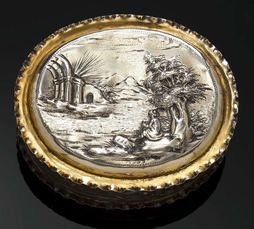 SNUFF BOX. Augsburg, 2nd half of the 17th century.Maker's mark Hans Jakob Schech.  Parcel gilt. Oval. Chased and embossed. 9x7.5x3.5 cm. 70 g. Provenance: - Katharina Schratt (1853-1940), famous actress at Vienna's Burgtheater, friend of Emperor Francis Joseph I of Austria and his wife Sisi. - Inheritance of Baron Anton Kiss (1880-1970, son of Katharina Schratt, Mondsee Castle.
