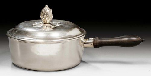 CASSEROLE. Austria-Hungary, 1806-24. Maker's mark IBG. Ebony handle. Gilt interior. 36x16.5 cm. D 21.5 cm.