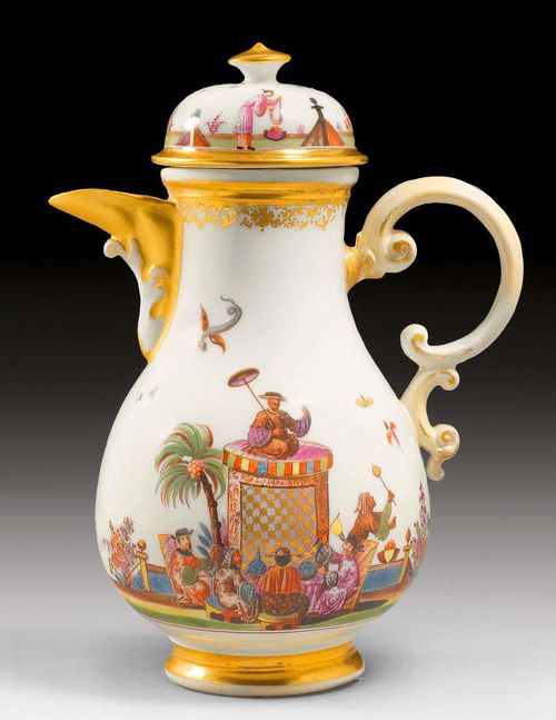 COFFEE POT WITH CHINOISERIE DECORATION, Meissen, circa 1740. Similar scene verso. Parcel gilt. Lid from a different set. Underglaze blue sword mark, gold mark C. H 18cm. Restored.