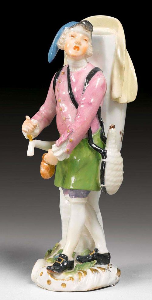 RARE FIGURE OF LIQUORICE WATER SELLER, Meissen, mid 18th century. The model by Peter Reinicke from 1753-54. From the 'Cris de Paris' series after designs by Christophe Huet 'vendeur de I tisane'. Underglaze blue sword mark on the back of the base, impressed number 24. H 14.5cm. Container lid missing, restorations.