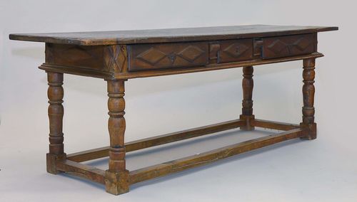 REFECTORY TABLE, Louis XIII, France. Walnut and oak. Rectangular leaf, three drawers. 224x70x80 cm. Repairs, requires restoration.