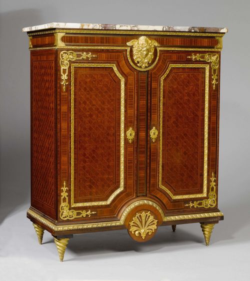 HALF-HEIGHT CABINET,Louis XIV style, France. Rosewood and mahogany inlaid as fillets and lozenges. Rectangular body. Front with 2 doors. Bronze mounts designed as decorative friezes, a winged head of a woman, and a palmette. Light marble top. 95x48x114cm. The back wall, removed in parts. Without key.
