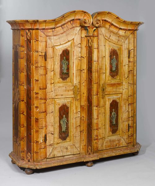 PAINTED ARMOIRE, late Baroque, probably from Germany, 19th century. Grained pine, the door reserves painted with Allegories of Love, Patience, Hope and Faith. Front with 2 doors. Brass escutcheon. 196x65x200 cm. 1 key. Small loss on the base.