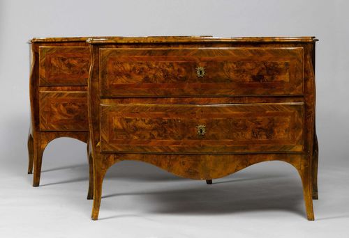 PAIR OF COMMODES,late Louis XV, Northern Italy, 19th century. Walnut and burlwood and tulipwood inlaid in rectangular reserves and fillets. Trapezoid body curved on three sides. Curved legs. Front with 2 drawers. Brass escutcheons. 126x64x90 cm. Some losses.