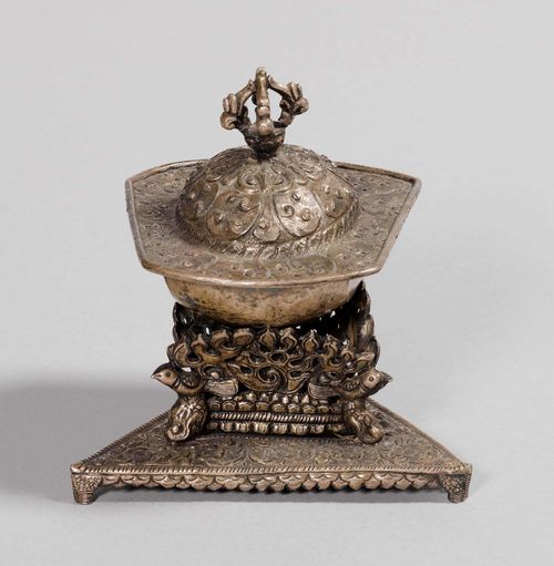 A KAPALA WITH COVER AND BASE OF SILVER, AND BOWL OF SKULL. Tibet, antique, height 11.2 cm.