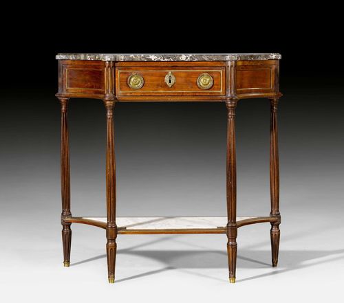 FROM THE DE AMODIO COLLECTION: SMALL CONSOLE,Louis XVI/Directory, Paris ca. 1800. Mahogany with brass fillets. Trapezoid green/grey marble top. 1 drawer. Fluted legs. 79x30x78 cm. Provenance: - Koller Auction, Zurich, 24 September 2011, Lot No. 1167. - from the collection of the Marquise de Amodio y Moya.