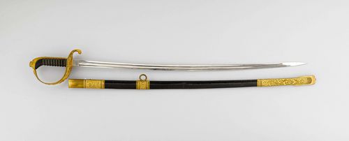 SABRE,Austria, second half of the 19th century. Civil servants and Imperial and Royal dignitaries. Brass hilt, gilt. Decorated grip. Decoration: crowned, double-headed eagle, tendrils. Grip lined with reptile skin, wire-wrapped. Single-edged blade inscribed on both sides "Weyersberg & Stamm Solingen (blurred)". Black leather scabbard with gilt brass decoration, eyelet, crowned monogram "FJ1", carrying ring. L 93 cm.