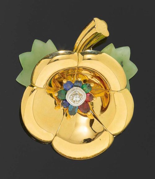 GOLD, DIAMOND AND GEMSTONE BROOCH, PÉCLARD. Yellow and white gold. Fancy gold brooch in the shape of a flower, the centre set with 1 cushion-cut diamond of 1.51 ct, set in white gold, surrounded by 1 Spinel of 0.54 ct, 2 tourmalines totalling 1.56 ct, 3 sapphires totalling 1.43 ct and 2 tsavorites totalling 1.27 ct. The leaves are of grossular. With case and copy of invoice.
