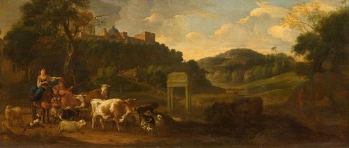 Follower, circa 1700, of BERCHEM, CLAES NICOLAS (1620 Brussels 1683) Shepherd couple in a broad landscape. Oil on canvas. 48.3 x 114 cm. Provenance: Swiss private collection.
