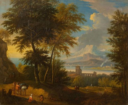 18th century follower of BLOEMEN, JAN FRANS VAN (Antwerp 1662 - 1749 Rome) Mediterranean landscape with travellers. Oil on canvas. 49 x 58 cm. Provenance: Swiss private collection.