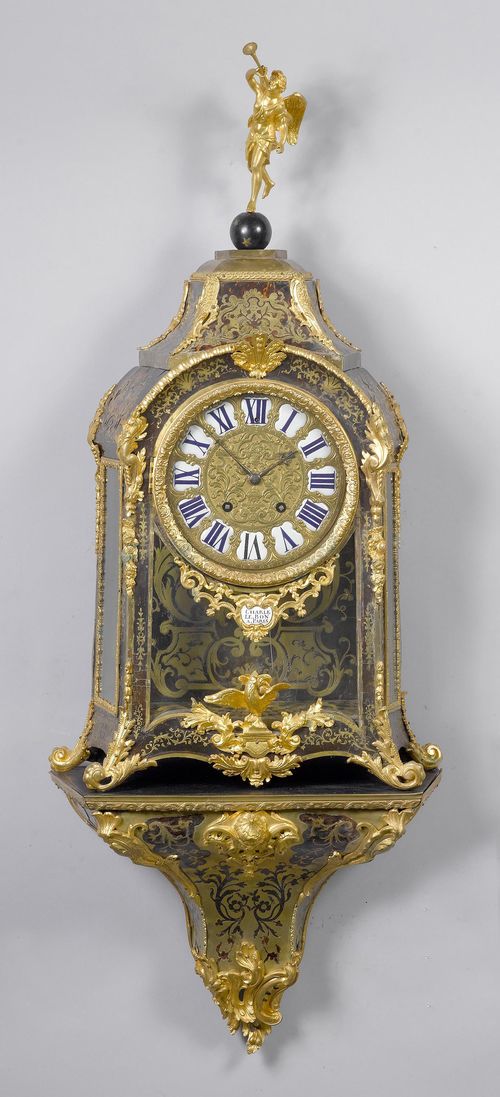 BOULLE CLOCK ON PLINTH, Louis XIV/ Regence, Paris, 18th century. Dial and movement signed CHARLES LE BON À PARIS. Inlaid with tortoiseshell and brass. Bronze mounts designed as leaves, a rooster, and with a later angel on top. Bronze dial with enamel cartouches. Movement converted, striking the 1/2-hour on bell. Bronzes, in part replaced. 57x22x42 cm. 1 key. Requires servicing.