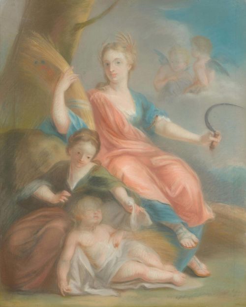 Follower, end of the 18th century, of CARRIERA, ROSALBA (1675 Venice 1757) Allegorical scene. Pastel on paper, laid on canvas. 92 x 73.5 cm. Provenance: Swiss private collection.