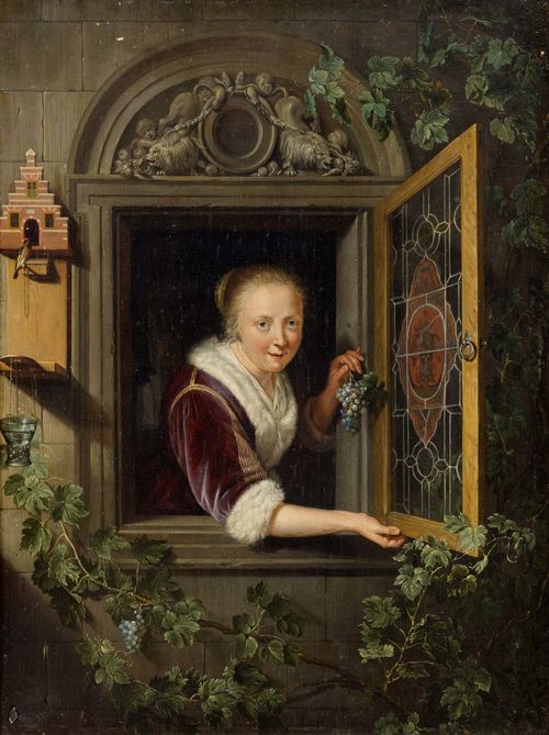 Follower of DOU, GERRIT (1613 Leiden before 1675) Lady at a window. Oil on panel. Date centre top: 1662. 38 x 29 cm.