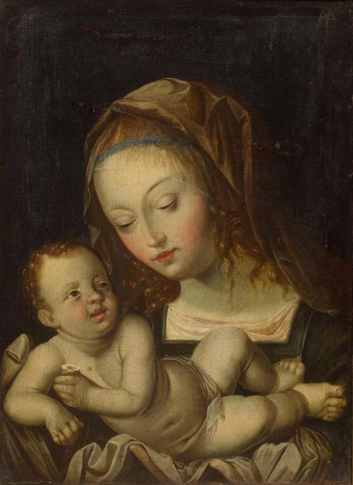 17th century copy of DÜRER, ALBRECHT (1479 Nuremberg 1528) Madonna and Child with the pear. 1664. Oil on canvas. Date and monogram upper left: 1512 AD. Dated and monogrammed upper right: 1664 MC. 55.5 x 40.5 cm. Provenance: Swiss private collection