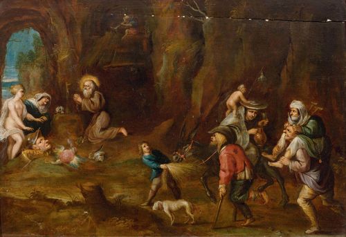 Circle of FRANCKEN, FRANS THE YOUNGER (1581 Antwerp 1642) The Temptation of Saint Anthony. Oil on panel. 24.5 x 34.3 cm. Provenance: Swiss private collection.