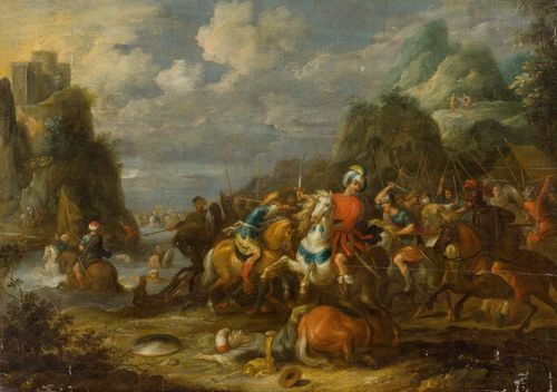 Circle of FRANCKEN, FRANS THE YOUNGER (1581 Antwerp 1642) Battle scene. Oil on canvas laid on panel. 83 x 120.5 cm. Provenance: Swiss private collection.