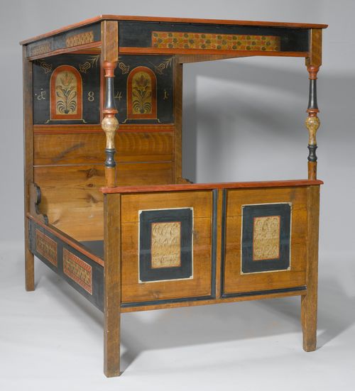 PAINTED CANOPY BED,from the Alpine region, dated 1841. Wood, painted with flowers and reserves on a blue/green ground. Headboard and footboard of different heights. Turned pillars. Cut-out side parts. Panelled canopy. Ca.200x125x180 cm. Restored.