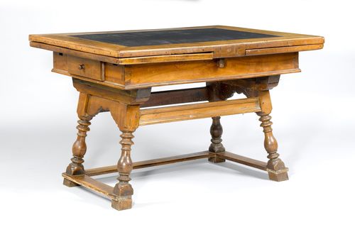 SLATE TABLE,late Baroque, 19th century. Walnut. Extendable rectangular leaf with slate top and two drawers. Turned legs. 118(218)x88x78 cm. Leg bracing incomplete.