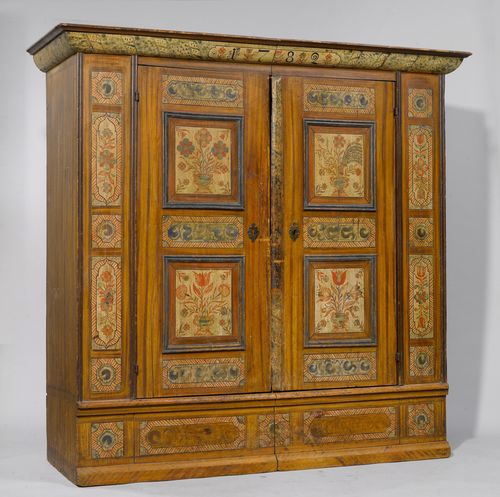 PAINTED CUPBOARD, from the Alpine region, Töss Valley, dated 1782. Grained pinewood, painted with flowers in geometric reserves. Rectangular body. Front with double-doors, flanked by broad pilaster strips. 193x68x185 cm. 1 key.