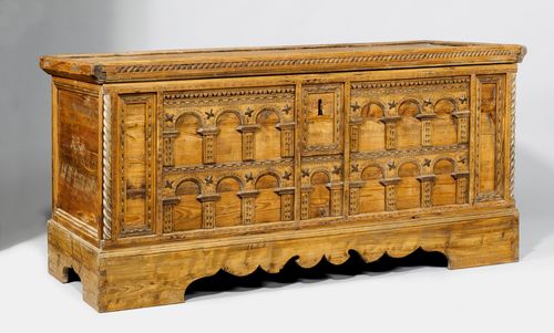 APOSTLE CHEST,Austria, 18th century. Pinewood, carved with decorative friezes and stylised blossoms. Hinged cover. Architectural front with 13 niches. On a later plinth. 161x64x78 cm.