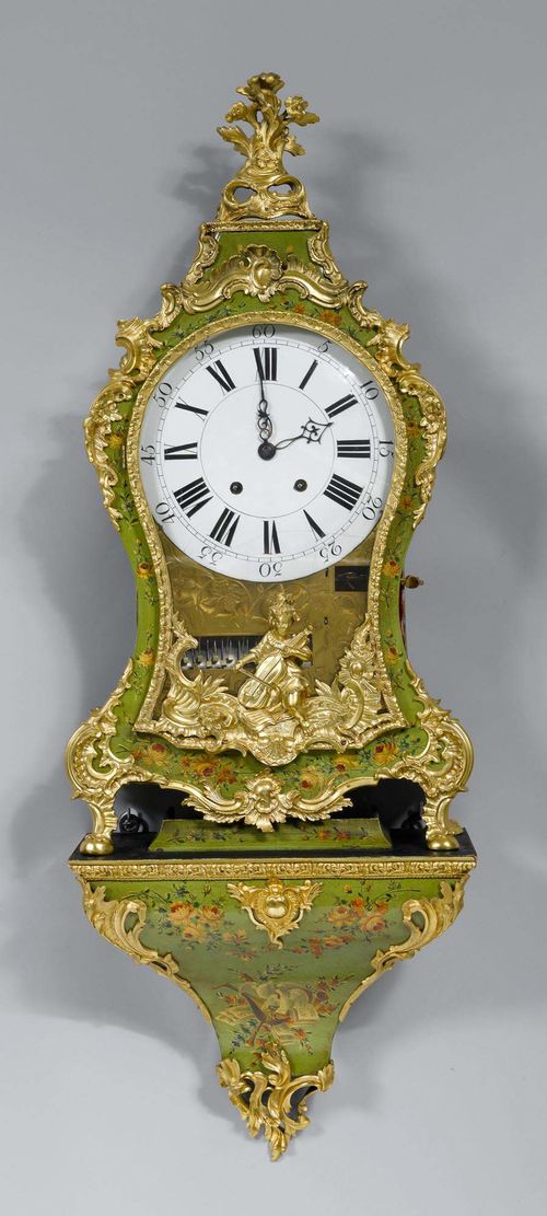 PAINTED CLOCK WITH CHIME ON PLINTH,Louis XV, Neuchâtel, 18th century. Movement signed "JONAS PIERRE DUCOMMIN À LE LOCLE". Case painted with flowers and a music medallion on a green ground. Opulent bronze mounts. White enamel dial. Verge escapement with 1/4-hour strike on 2 bells and chime with 9 bells. H 139 cm. Chime requires some restoration.