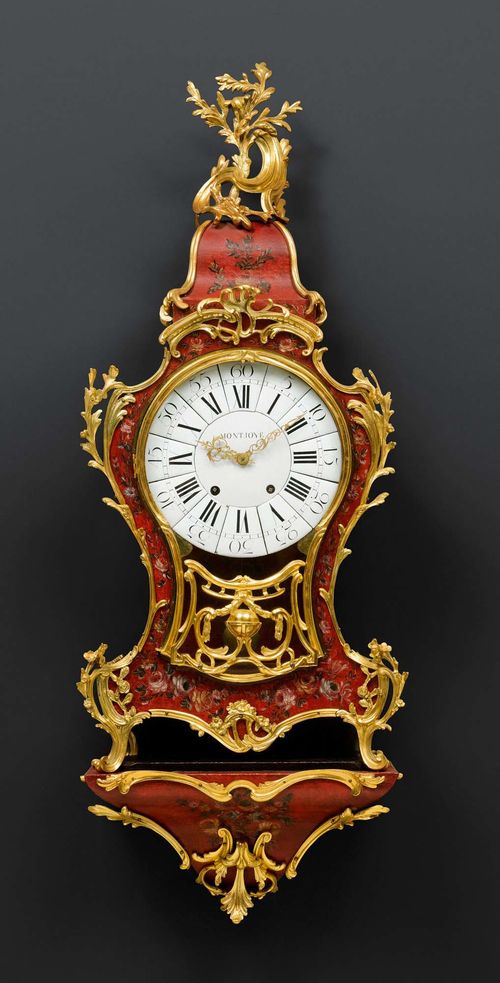 PAINTED CLOCK WITH PLINTH, Louis XV, the dial and movement signed "MONTJOYE" (Louis Montjoye, maître 1748), Paris ca. 1760. Wood painted with colourful flowers on red ground and gilt bronze. Case glazed on three sides and with painted interior. Segmented enamel dial. Anchor escapement striking the 1/2-hours on bell. The dial slightly chipped. Opulent bronze mounts and applications, some replaced. 43x20x124 cm.