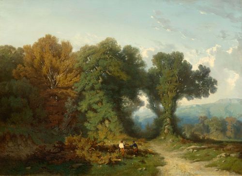 CASTAN, GUSTAVE EUGENE (Geneva 1823–1892 Crozant) Two wood cutters at the forest edge. Oil on canvas. Signed lower left: G. Castan. 67.5 x 94.5 cm. Provenance: European private collection.