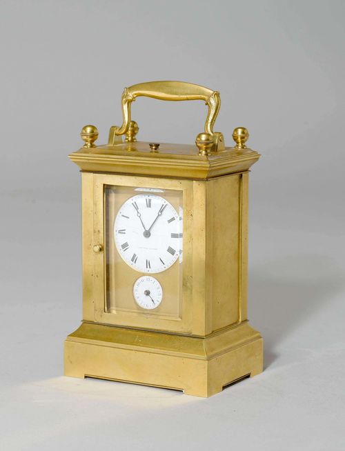 TRAVEL ALARM CLOCK,France, 19th century. Dial signed "ALFRED A PARIS". Rectangular, brass case. Fronton with enamel dial for the hours and small dial for the alarm. Movement with main spring, hour-strike on gong, alarm on bell. Repetition on demand. H 15 cm.