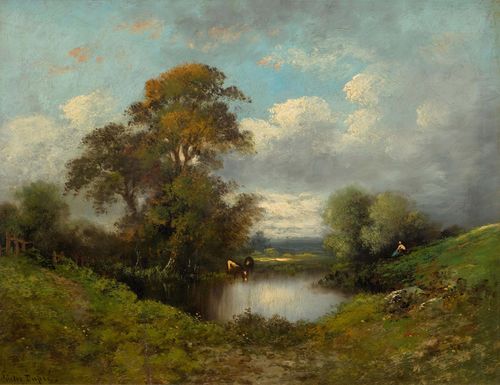 DUPRÉ, LÉON VICTOR (Limoges 1816–1879 L'Isle-Adam) Small pond with cows. Oil on panel. Signed lower left: Victor Dupré. 47.9 x 61.7 cm. Provenance: Swiss private collection. Michel Rodrigue has confirmed the authenticity of this work which he has examined in the original.