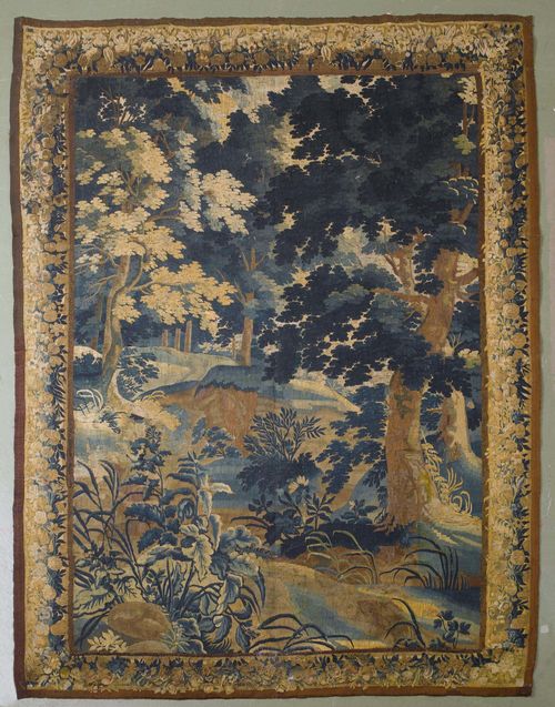 VERDURE TAPESTRY,France, 17th century. Forest landscape with a clearing. 254x192 cm. Tears and restorations.