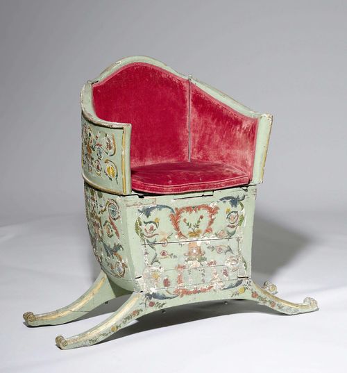 BERGERE, PROBABLY OF A SEDAN OR GONDOLA, possibly Venice, 18th century. Carved wood and painted stucco. Red velvet cover, cushion. Iron reinforcements. Painted decoration heavily rubbed.