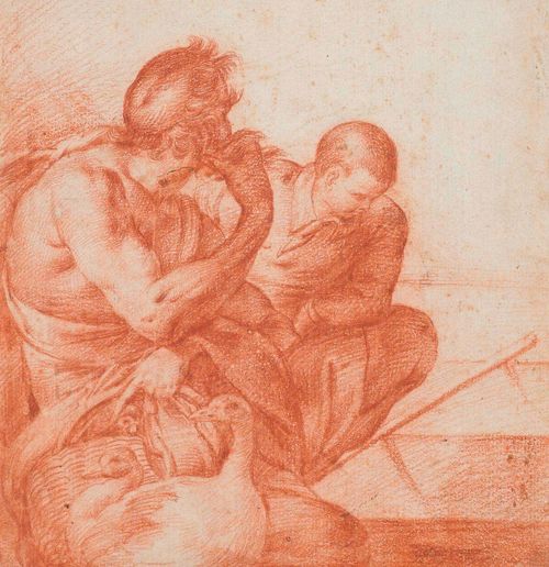 FLORENTIAN, 17. CENTURY Two men squatting with basket and poultry. Drawing in red chalk. Verso: old attribution in brown pen: Camillo Procacino. 19.5 x 18.7 cm. Provenance: - Collection Heinemann, Munich (information provided by current owner)