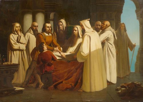 HORNUNG, JOSEPH (1792 Geneva 1870) Christopher Columbus amongst the monks. 1848. Oil on canvas. Signed and dated lower left: J. Hornung 1848. 122 x 91 cm. Provenance: European  private collection.