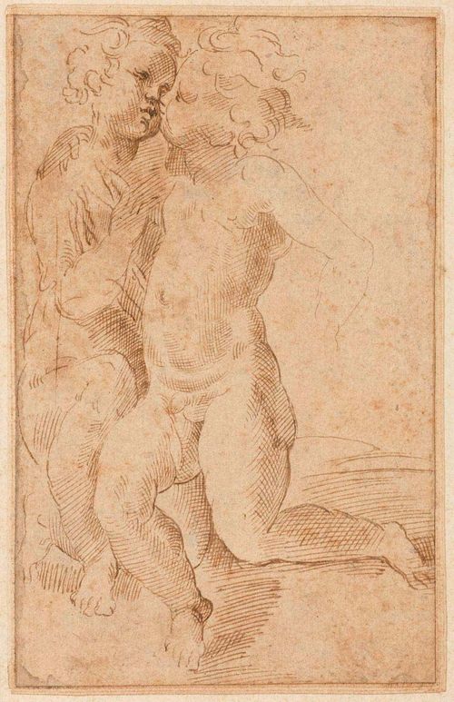 RENI, GUIDO (Calvenzano 1575 - 1642 Bologna), circle of Two putti embracing. Brown pen, old mount. Old inscription in brown pen: Guido. Verso: old inscription on lower left and right in pencil: O...Me Adam, London. Original Zeichnung. 13.7 x 8.7 cm.