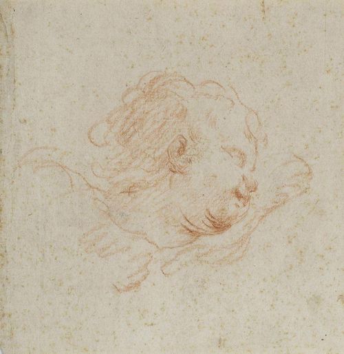ITALIAN, 17TH. CENTURY Head study of  a putto. Drawing in red chalk. Verso: inscription in pencil: G.B. Tiepolo. 12.2 x 12 cm.