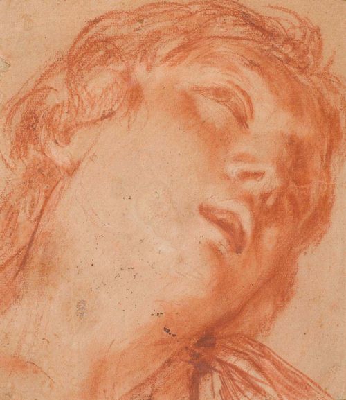 CARRACCI, ANNIBALE (Bologna 1560 - 1609 Rome) Head study of enraptured jung woman. Verso: study of female nude. Ca. 1600. Drawing in red chalk. 22.6 x 19.6 cm. Framed. Provenance: - Collection Paul Warren   Zimmermann, Toledo, U.S. - Private Collection Switzerland