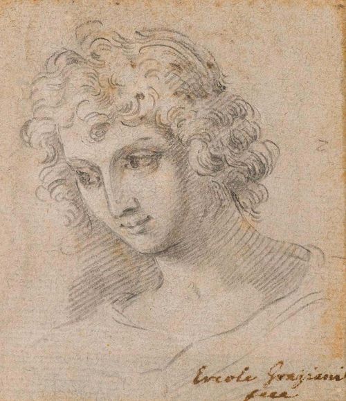 GRAZIANI, ERCOLE the Younger (1688 Bologna 1765) attrib. Head study of a young man with curly hair. Black chalk on grey laid paper. Old inscription below the depiction in brown pen: Ercole Graziani fece. Verso: old inscription in brown pen: J. Aley. Maggioni...(unidentified)...in Bologna convento l'anno 1790. 10.4 x 9 cm. Framed.