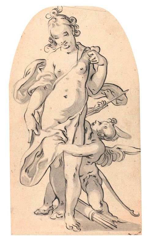 AACHEN, HANS VON (Cologne 1552-1615 Prague) circle of Venus and Cupid. Black pen, grey wash. 27.8x15.7 cm (upper corners rounded). Provenance: - Collection Nazarieff, Geneva