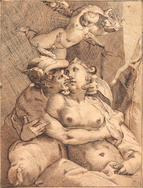 JODE, PIETER DE I (1570 Antwerp 1634), copied after Mercury and Venus. Brown pen. Verso: old inscription: Goltzius ou Muller. 21 x 16 cm. Provenance: - Collection Nazarieff, Geneva After a copperplate by Pieter de Jode I, based on a work by Bartholomäus Spranger.