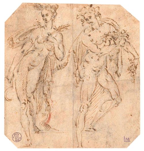 SPRANGER, BARTHOLOMEUS (Antwerp 1546 - 1611 Prague), circle of Ceres and Bacchus. Brown pen. Recto with two unknown collector's stamps: LM; and: Owl in circle with NA. 15 x 14 cm (corners cut). Provenance: - Collection Nazarieff, Geneva