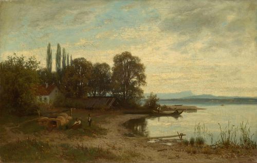 STÄBLI, ADOLF (Winterthur 1842–1901 Munich) Scene on the lake shore. 1870. Oil on canvas. Signed, inscribed and dated lower right: A. Stäbli. München. 1870. 36.5 x 58 cm. Provenance: Swiss private collection.